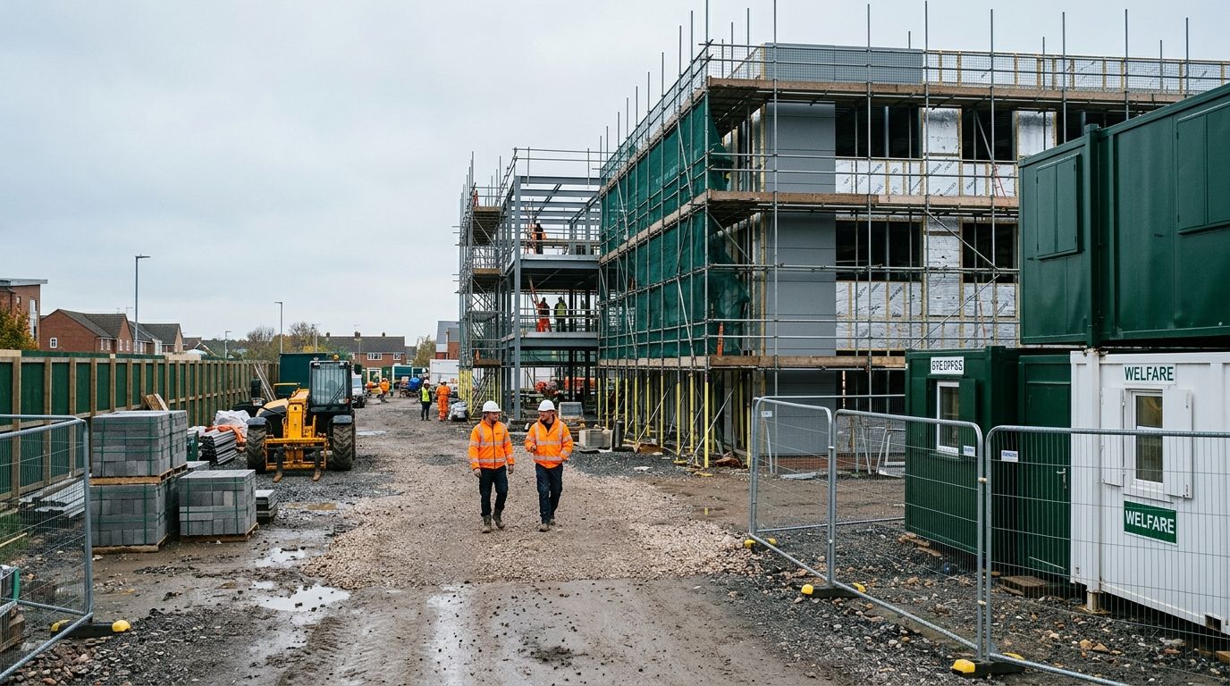 Two site managers in hi-vis walking past a part-clad steel frame and welfare cabins