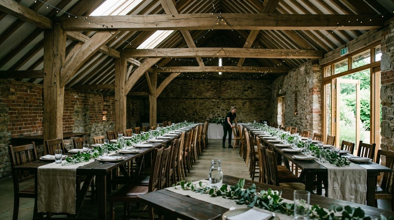 Long trestle tables dressed with foliage in a beamed barn before an event