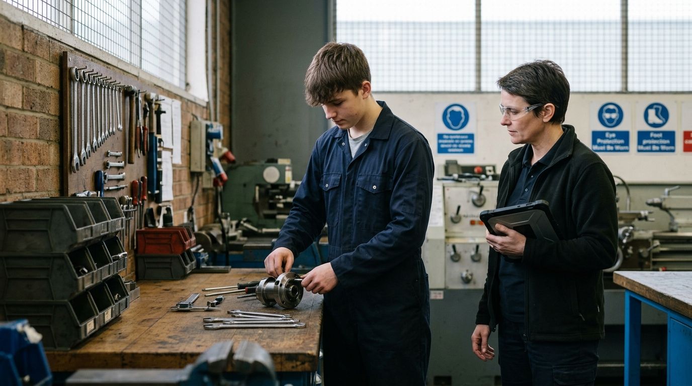 Apprentice assembling a component at a workshop bench while an assessor records it on a tablet
